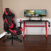 Flash Furniture BLN-X30RSG1030-RD-GG Red Gaming Desk and Red/Black Footrest Reclining Gaming Chair Set with Cup Holder and Headphone Hook